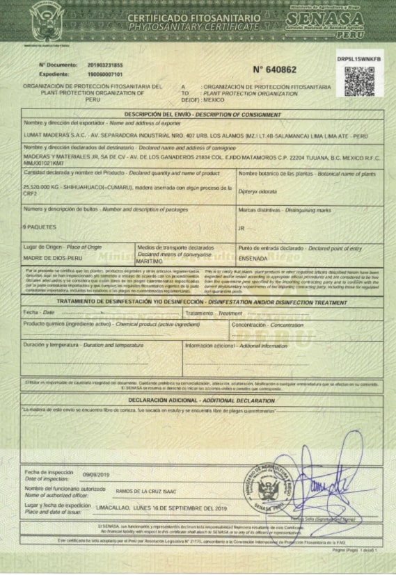 Certificado fitosanitario